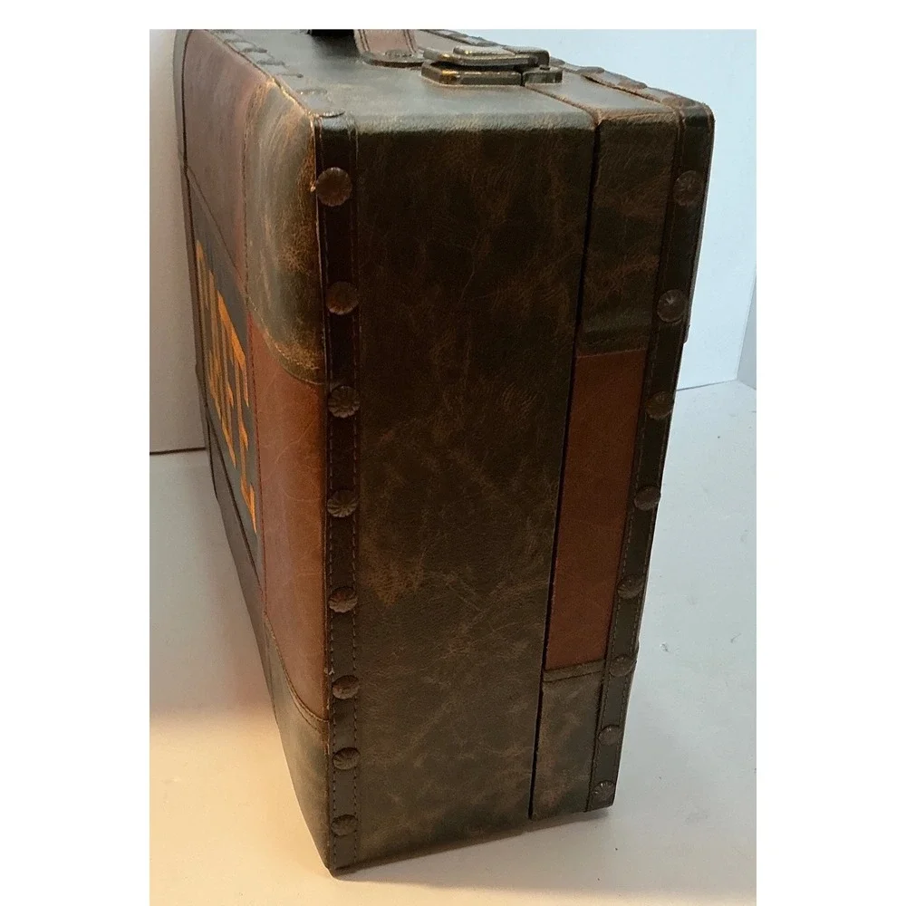 Vintage Style Cafe Storage Trunk Brown Faux Leather Patchwork Box Large
